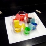 Color combining experiment given just primary colors, empty cups in between, and paper towel bridges to join them