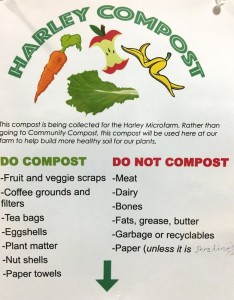 Helpful reminders about what can be composted for the Harley bin